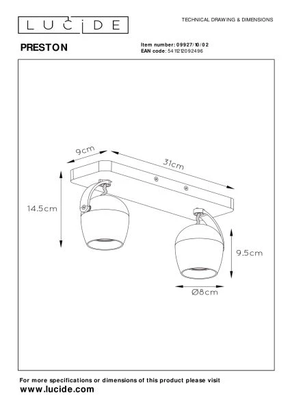 Lucide PRESTON - Spot plafond - LED Dim to warm - GU10 - 2x5W 2200K/3000K - Or Mat / Laiton - TECHNISCH